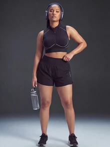 Powerista Women's Plus Size Seamless Black & White Zipper Back Open Back Stand Collar Sports Bra - Black - View 7