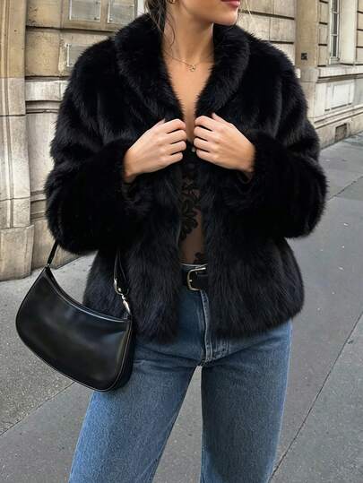 Easura Women's Plus Size Winter 1pc Black Faux Fur Collar Short Jacket, Loose Fit Flattering Vintage Street Style American Hot Girl Aesthetic Commuter Versatile Fur Coat
