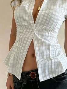 Sundraya 女款條紋百褶休閒百搭日常短袖襯衫 - 白色 - 查看 3