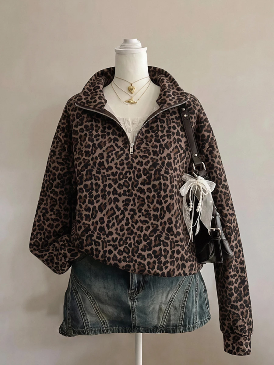SHEIN 青少年女孩秋冬抓絨衣，復古可愛棕色豹紋半拉鍊立領長袖寬鬆大碼運動衫，Y2K復古風，灰色派對穿搭