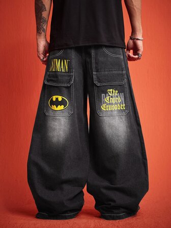 Batman X ROMWE Jeans in denim da uomo con stampa collaborazione, vestibilità ampia