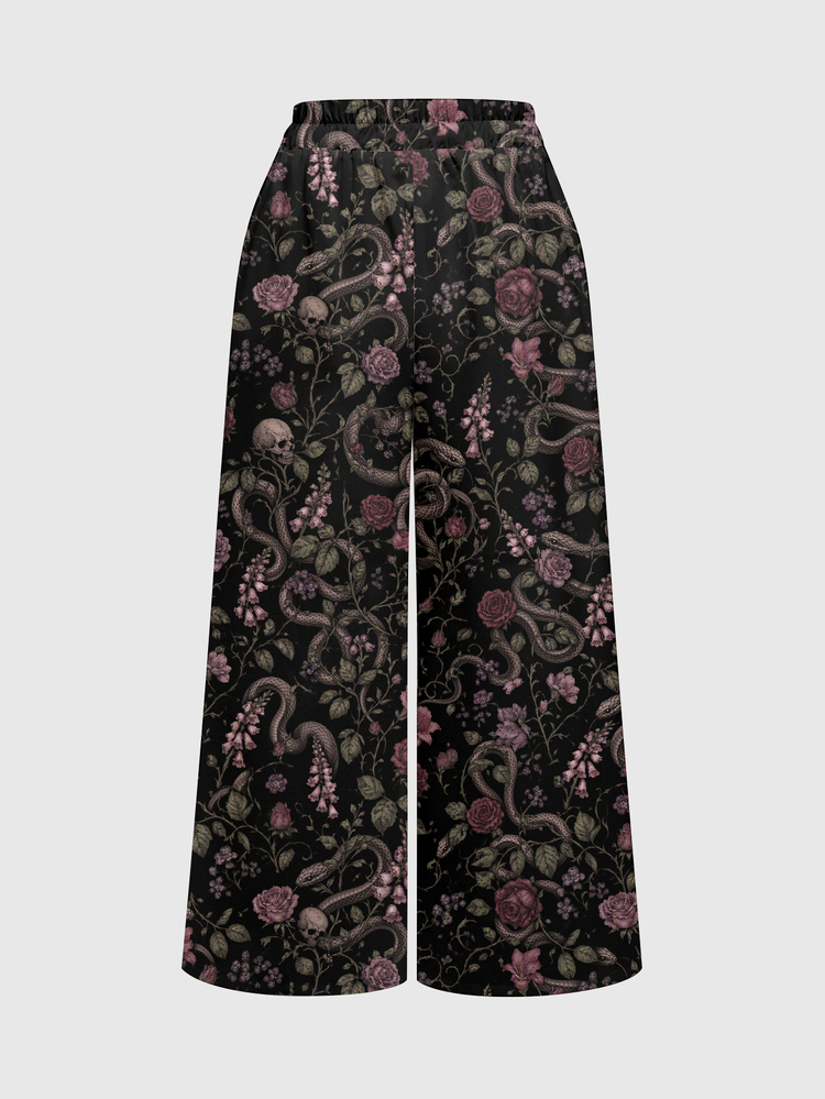 ROMWE Grunge Punk Women's Gothic Dark Rose & Snake Print Long Pants - Black - View 2