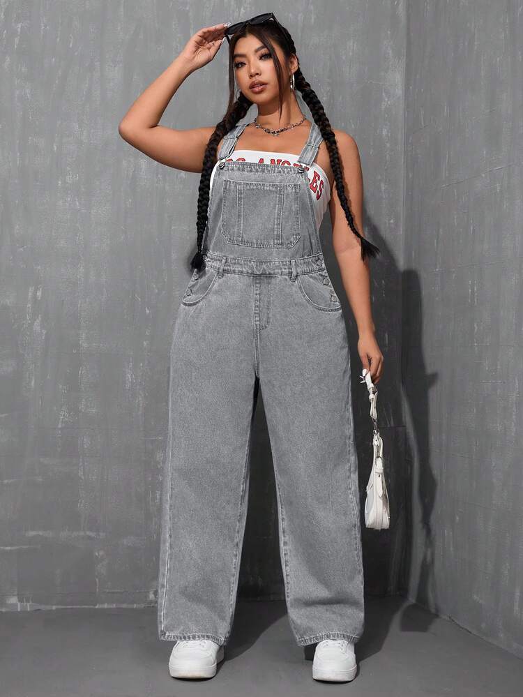SHEIN ICON Plus Size Women's Loose Wide Leg Casual Denim Overalls With Pockets - Light Grey - View 7