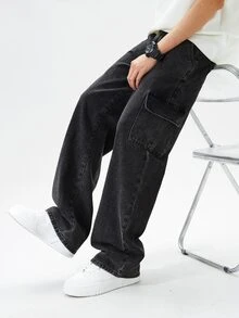 SHEIN Mirajuku 青少年男孩戶外休閒工裝直筒牛仔褲 - 黑色 - 查看 1