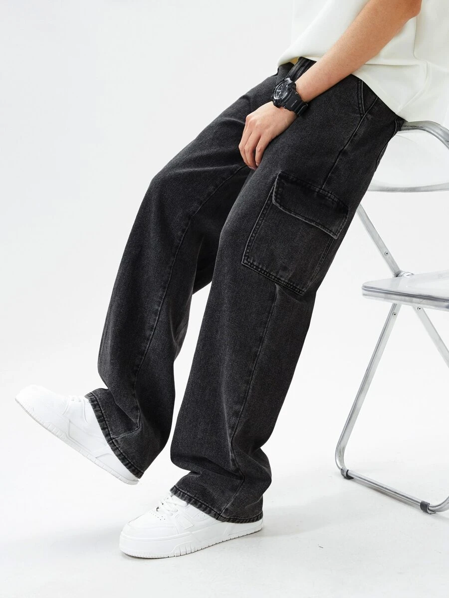 SHEIN Mirajuku 青少年男孩戶外休閒工裝直筒牛仔褲 - 黑色 - 查看 1