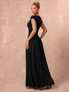 Lumalex Women's Solid Color Pleated Casual Party & Travel Long Dress - Black - View 2