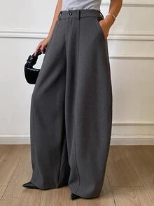 DAZY Solid Color Loose Split Curved Leg Pants Casual Street Style Korean Autumn/Winter Thickened Long Pants For Women - Grey - View 4