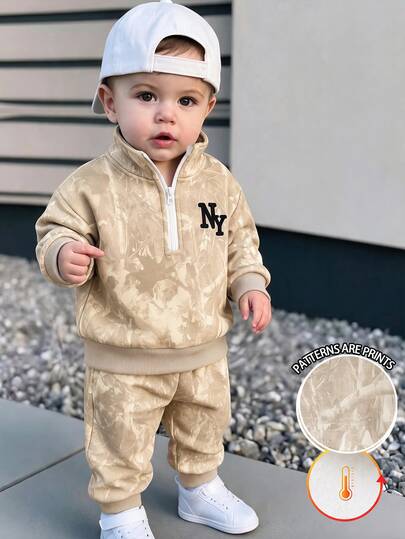 2pcs Baby Boys Sweatshirt Pants Sets Casual Sand Abstract Print Zip-Up Loose Long Sleeve Thermal Vacation Fall Back To School Cute
