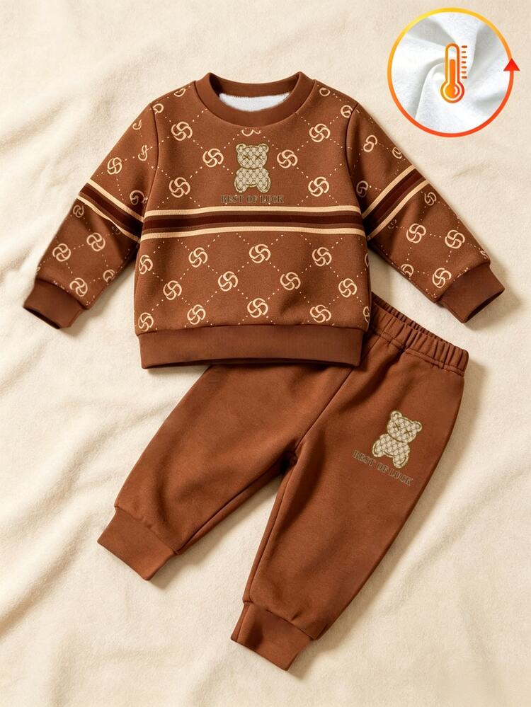 Baby Boy Casual Comfortable Versatile Minimalist Fashion Crew Neck Sweatshirt & Sports Pants Set, Autumn/Winter, Suitable For Daily Wear, Outdoor Activities, Gatherings, Holidays, Gifts - Multicolor - View 2