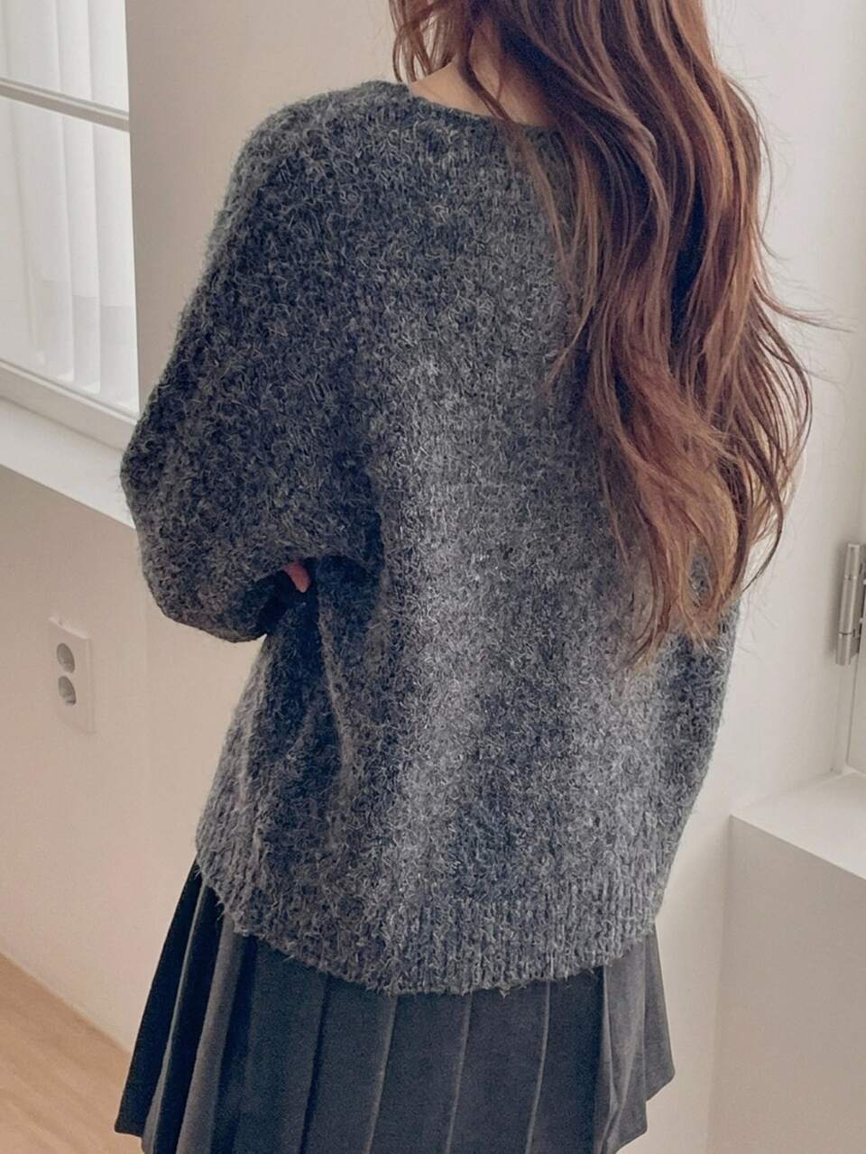 Grey Marled Loose Long Sleeve V-Neck Elegant Formal Vacation Autumn/Winter Pullover Knit Sweater For Women