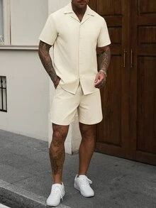Manfinity CasualCool Men's Solid Color Short Sleeve Shirt And Shorts Casual Daily Outfit - Apricot - View 4