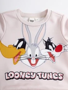LOONEY TUNES X SHEIN 男嬰卡通印花運動衫與運動長褲套裝 - 杏色 - 查看 4