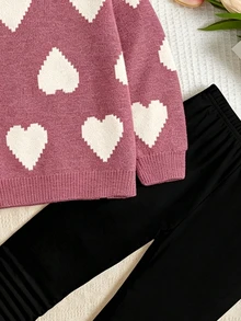 SHEIN 女童休閒圓領長袖運動衫與內搭褲2件套，適合秋冬，經典像素風可愛卡通愛心圖案印花 - 彩色 - 查看 6