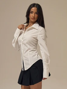 MUSERA Kemeja Putih Slim Fit dengan Panel Pinggang Rapi, Kerah Lancip, Manset Kancing Ganda, Lengan Panjang, Pakaian Kerja Elegan, Kebutuhan Sehari-hari Kantor, Musim Gugur/Musim Dingin - Putih - View 3