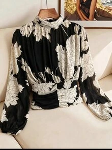 SHEIN Clasi Women's Floral Print Stand Collar Long Sleeve Ruched Waist Blouse - Multicolor - View 4