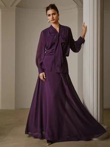 ZEYLAH Women's Solid Color Long Sleeve Top And Skirt Set - Purple - View 6