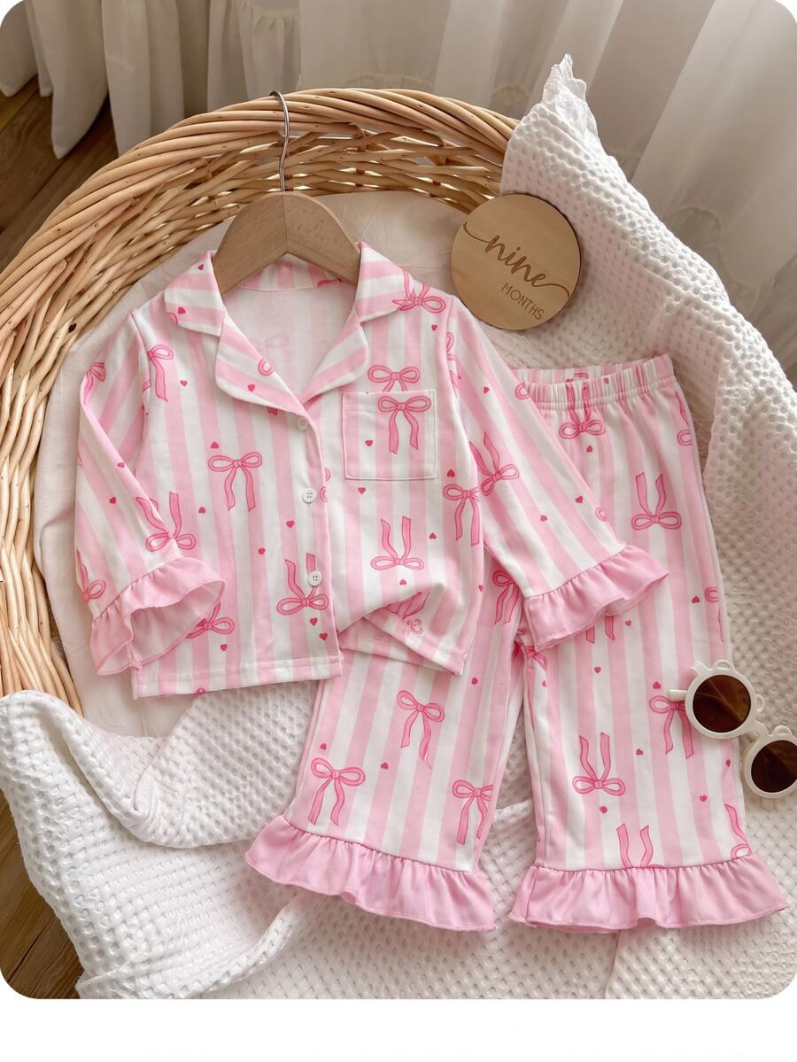 SHEIN 女嬰休閒可愛粉色蝴蝶結長袖居家服套裝 - 粉色 - 查看 1