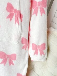 SHEIN 少女秋冬款寬鬆保暖內裡加厚雙面絨毛可愛甜美蝴蝶結印花連帽袋鼠口袋長袖睡袍家居服睡裙，奶油白粉色 - 淺粉色 - 查看 6