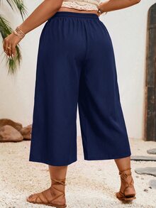 Freevana Quần ống rộng dáng lửng casual cạp chun dây rút màu trơn size lớn - Màu xanh hải quân - Xem 2