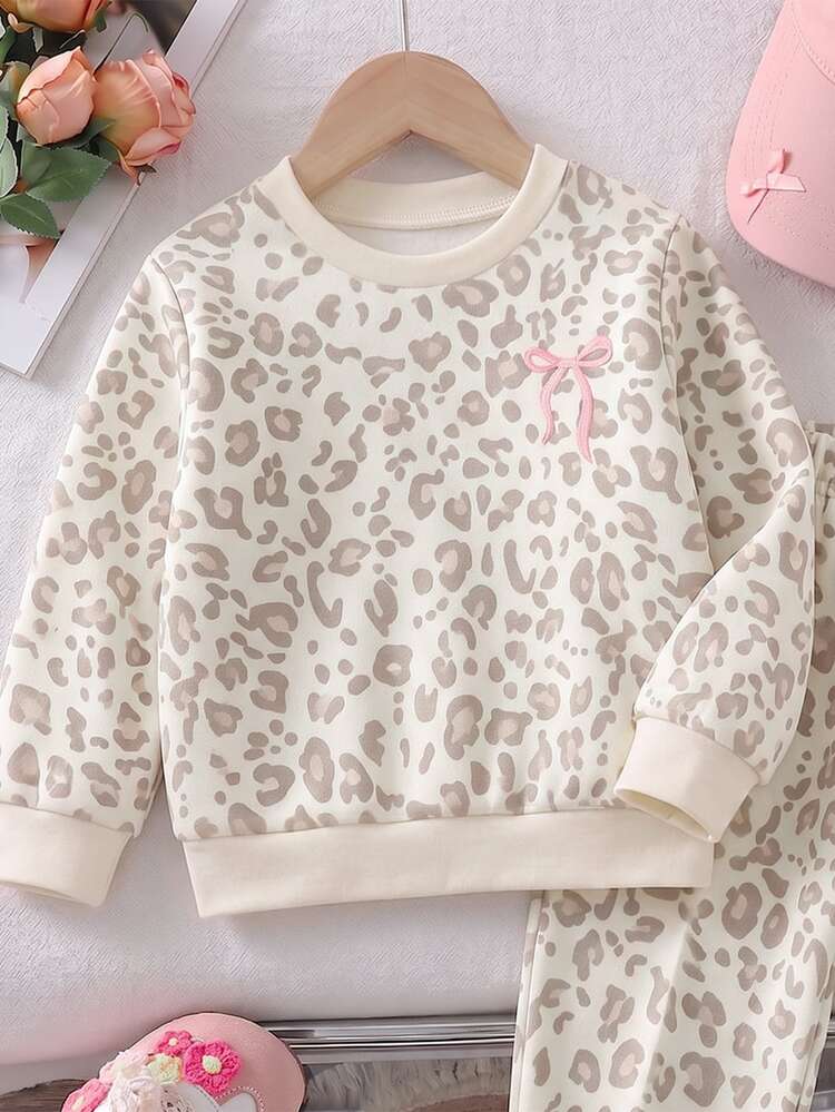 2pcs Baby Girl Casual Fashion Simple Sweet Cute Leopard Print & Bowknot Pattern Crew Neck Sweatshirt Pullover And Matching Leopard Print Long Pants Set, Suitable For Autumn/Winter - Multicolor - View 3