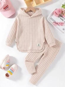 Elladie kids 女童新款杏色連帽長袖上衣與鬆緊腰休閒寬鬆軟針織長褲兩件套，春秋款 - 杏色 - 查看 3