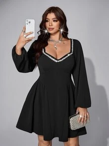 Viva Relle Plus Size Black Waist-Cinching Square Neck Decorated Long Sleeve Party Dress, Autumn/Winter Fall - Black - View 1