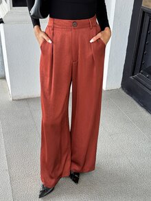 Pariaura European And American Style Spring/Summer New Fashion Versatile Solid Color Satin Jacquard Straight Leg Elegant Commute Regular Long Pants - Coral Orange - View 4