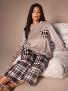 Lazeform Casual Plush Plaid Print Long Sleeve Pants Pajama Set Plus Size - Multicolor - View 4