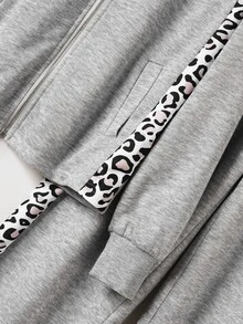 Rusticease Women's Leopard Print Patchwork Jacket & Pants 2 Pieces Set - Grey - View 4
