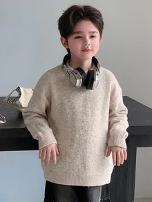 Dazy Kids Boys (Large) Crew Neck Casual Long Sleeve Loose Fit Basic Solid Color Autumn/Winter Sweater - Apricot - View 5