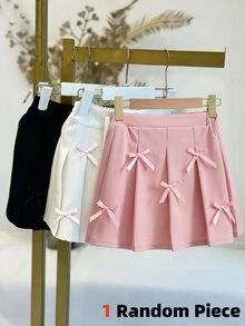 SHEIN 青少年女孩秋季服飾 粉色蝴蝶結裝飾百褶迷你裙，甜美A字百褶裙附鬆緊腰頭，百搭校園風 - 粉色 - 查看 1