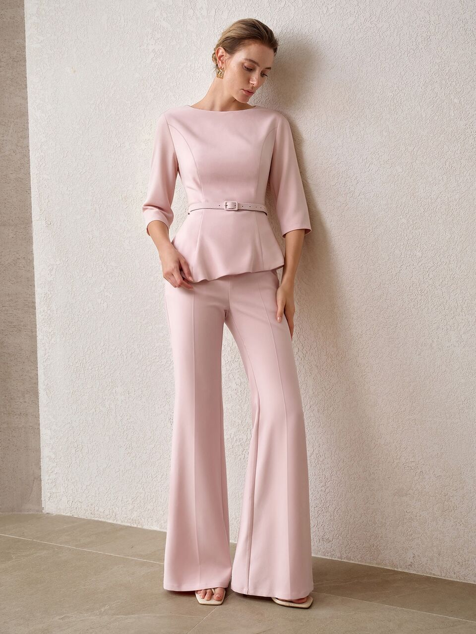 MOTF FASHIONABLE ELEGANT SLIMMING WAIST TOP WITH ASYMMETRICAL HEM AND EXQUISITE WOMEN'S COMMUTER LONG PANTS TWO PIECES SET