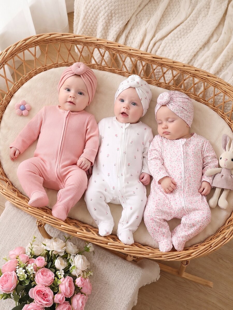 3 Pieces Newborn Footed Rompers, Cute Ribbed Plain Knit Mid-Stretch Comfortable Soft Floral Print Pattern, Best Gift For Newborns - Multicolor - View 1
