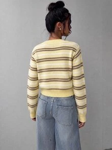SHEIN BASICS Women's Casual Cardigan, Autumn/Winter Clothing, Y2K Style, Striped Cardigan - Yellow - View 2
