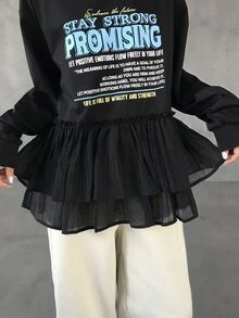 FRIFUL 女款圓領黑白字母印花裝飾袖多材質拼接寬鬆運動街頭風休閒秋季日常T恤 - 黑色 - 查看 8