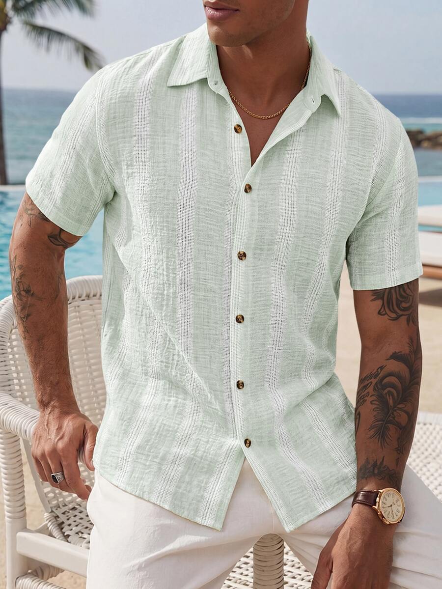 VENTUSAIL Men's Yellow Woven Striped Summer Lightweight Slim Fit Casual Vacation Short Sleeve Shirt - Mint Green - View 1