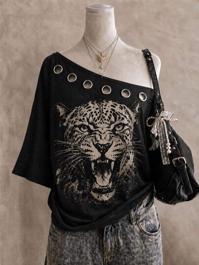 Lalippa Women's Leopard Head Print Asymmetric Collar Short Sleeve T-Shirt, Metal Eyelet Decor, Halloween Rock Party, Music Festival, Daily Streetwear