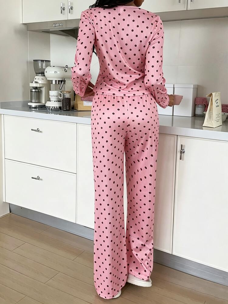 ZzzCrew HELLO KITTY AND FRIENDS | SHEIN 聯名波點印花對比蕾絲休閒女款睡衣套裝 - 粉色 - 查看 3