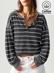 Bohemela Women's Striped Drop Shoulder Long Sleeve Casual Loose Sweatshirt - Black and White - View 1