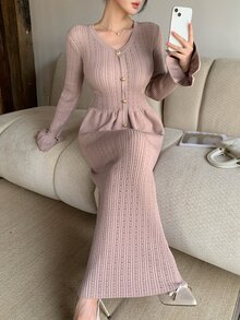 DAZY Women's Elegant Ruffle Cardigan & Knitted Skirt 2 Pieces Set, Autumn/Winter - Khaki - View 6