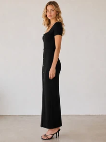 Cévolie Gentle Style Square Neck Lace Long Sleeve Knit Dress With Waist Belt, Single-Breasted Button, Slit, Slimming Bodycon Mid-Length Dress - Black - View 5