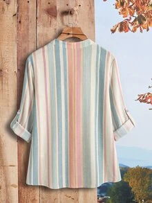 EMERY ROSE Striped Plus Size Women's V-Neck Rolled Sleeve Blouse, Suitable For Early Autumn - Multicolor - View 2