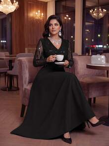 Auveirra Plus Size Women Mesh Patchwork V-Neck Casual Party Dress - Black - View 3