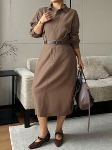 Dazy Plus Elegant High Waist Fashion Casual French Vintage Niche Design Single-Breasted Lapel Dress - Brown - View 8