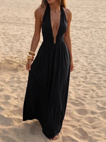 Avenya Halter Neck Tie Deep V-Neck Metal Buckle Dress - Black - View 2
