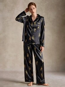 EverLounge Animal Print Faux Silk Open Front Lapel Long Sleeve Long Pants Women's Pajama Set - Black - View 4