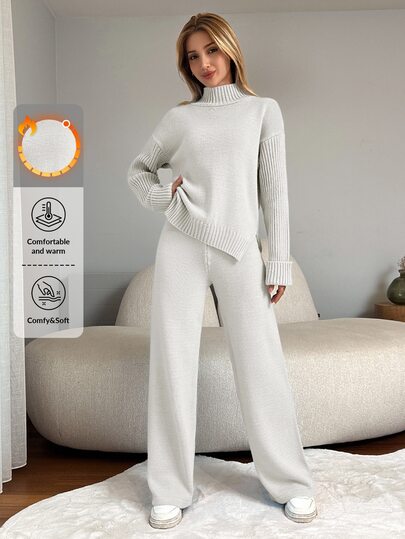 SHEIN Ensemble élégant en tricot pour femmes grandes, top modeste à col montant, manches longues et fente, avec pantalon long