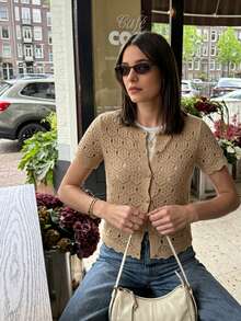 Cévolie Casual Solid Color Short Sleeve Hollow Knit Top - Khaki - View 5
