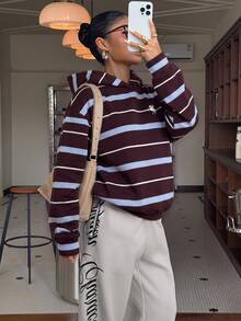 Muchica 休閒學院風條紋滿版印花女款薄款運動衫，適合秋冬穿著 - 彩色 - 查看 5