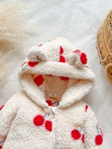 SHEIN Vintaside Kids 1件新生女嬰連腳連身衣 可愛甜美杏紅櫻桃印花熊耳長袖連帽加厚毛絨保暖裝 聖誕冬季秋季假期款 - 紅白色 - 查看 5